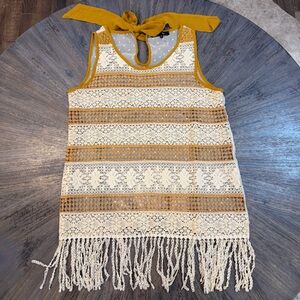 RYU Lace Fringe Sleeveless Top | Boho Tie Neck | Size Small